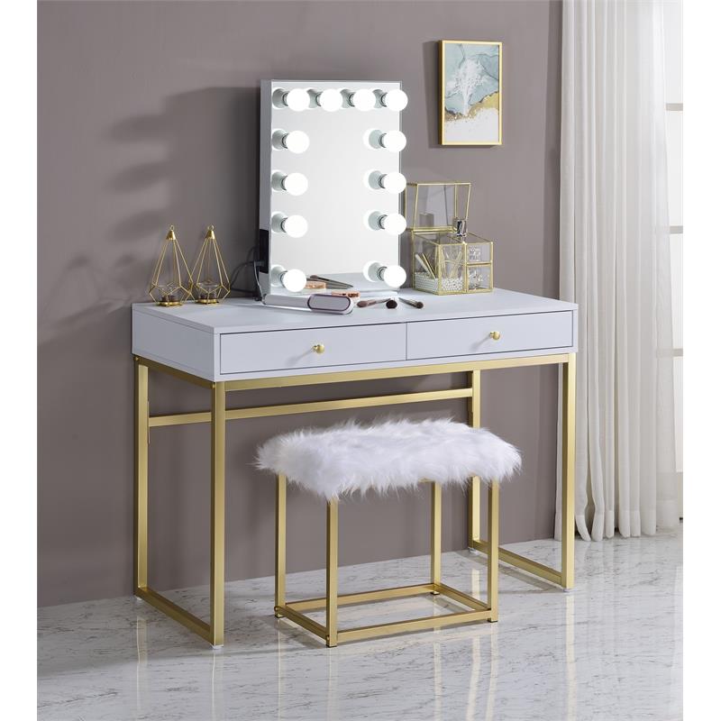 Bowery Hill Glam Rectangle Mirror with Lighting in White Wood Frame