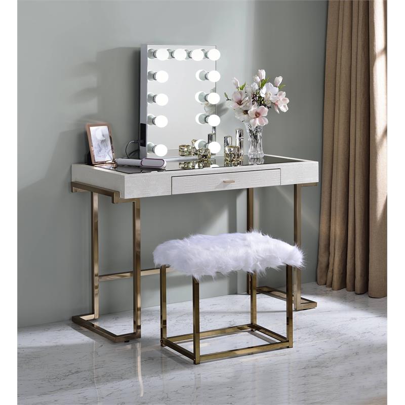 Bowery Hill Glam Rectangle Mirror with Lighting in White Wood Frame