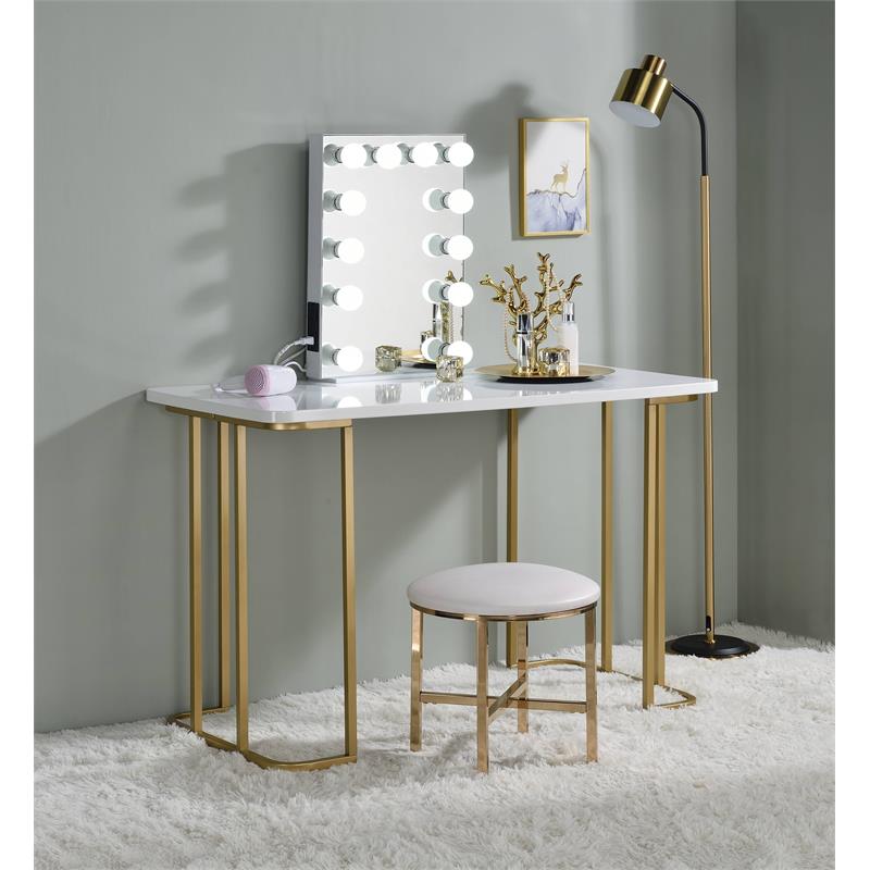 Bowery Hill Glam Rectangle Mirror with Lighting in White Wood Frame