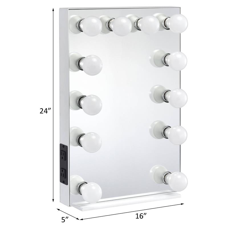 Bowery Hill Glam Rectangle Mirror with Lighting in White Wood Frame