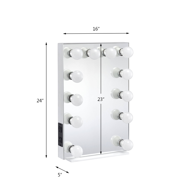 Bowery Hill Glam Rectangle Mirror with Lighting in White Wood Frame