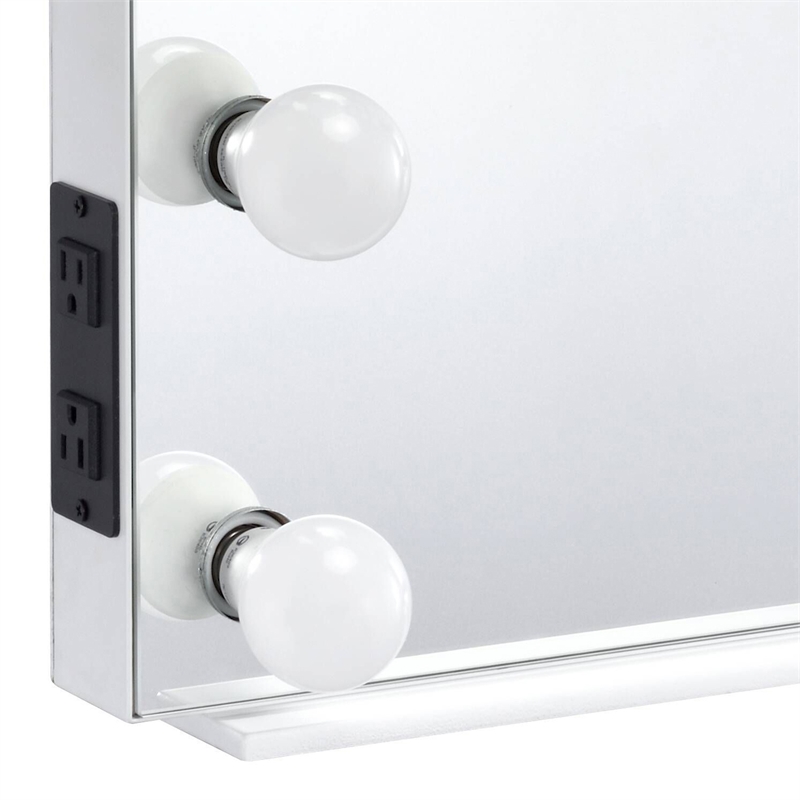 Bowery Hill Glam Rectangle Mirror with Lighting in White Wood Frame