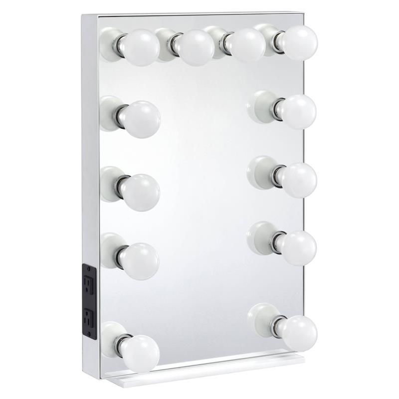 Bowery Hill Glam Rectangle Mirror with Lighting in White Wood Frame