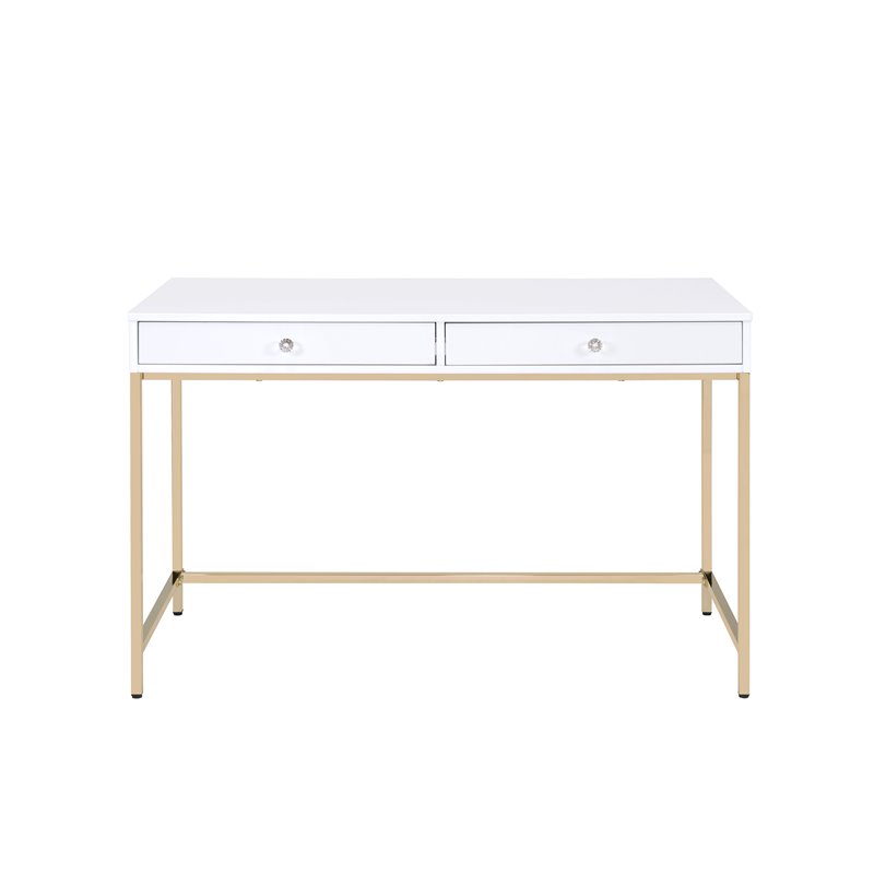 Bowery Hill Writing Desk with White Gloss Finish and Gold Metal Base