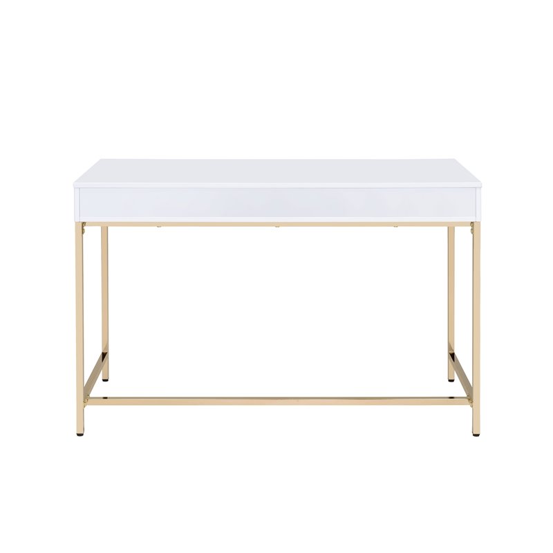Bowery Hill Writing Desk with White Gloss Finish and Gold Metal Base