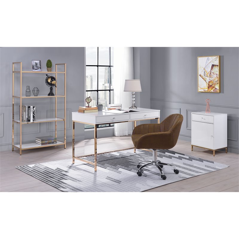 Bowery Hill Writing Desk with White Gloss Finish and Gold Metal Base