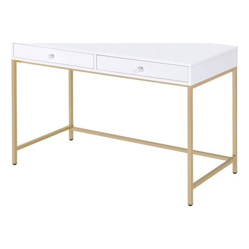 Bowery Hill Writing Desk with White Gloss Finish and Gold Metal Base