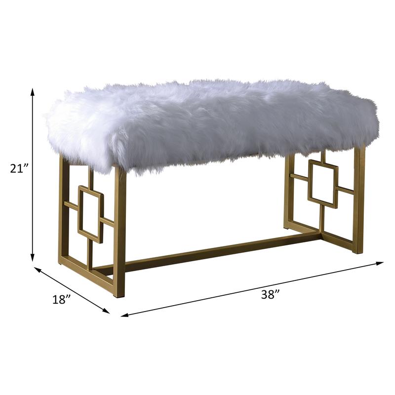 Bowery Hill Faux Fur Bench with Metal Sled Base in White and Gold