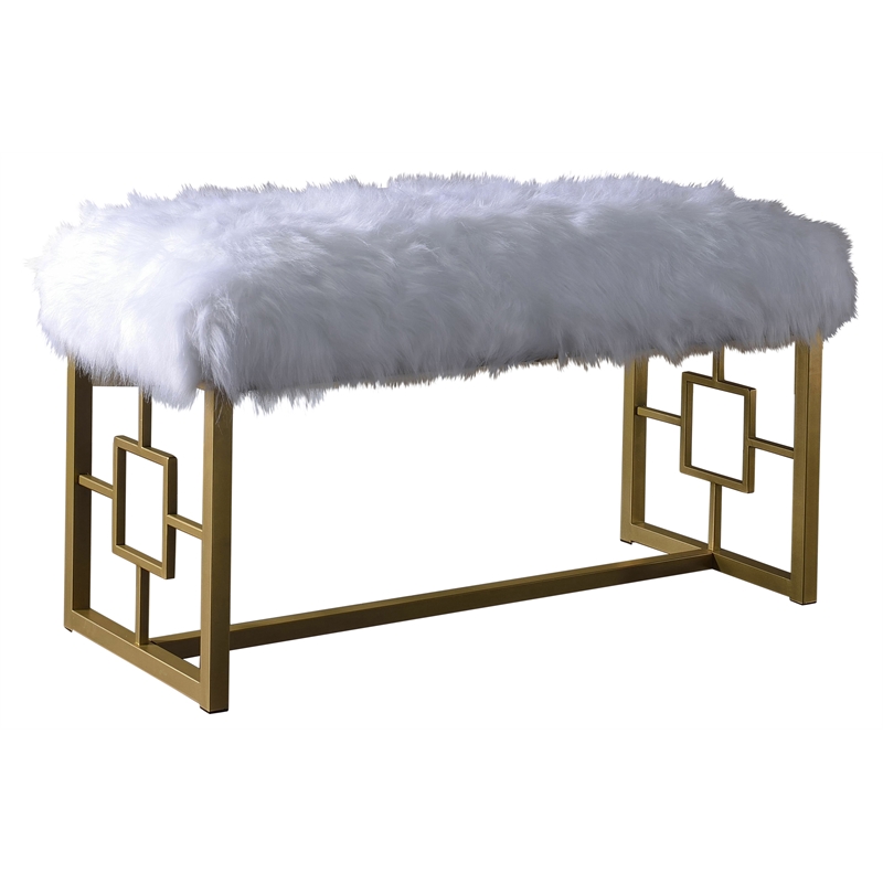 Bowery Hill Faux Fur Bench with Metal Sled Base in White and Gold