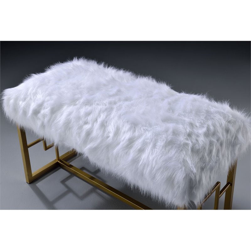 Bowery Hill Faux Fur Bench with Metal Sled Base in White and Gold