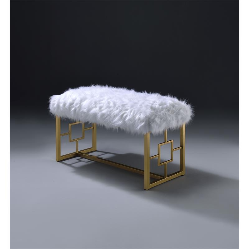Bowery Hill Faux Fur Bench with Metal Sled Base in White and Gold