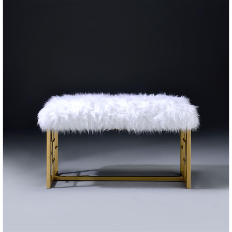 Bowery Hill Faux Fur Bench with Metal Sled Base in White and Gold