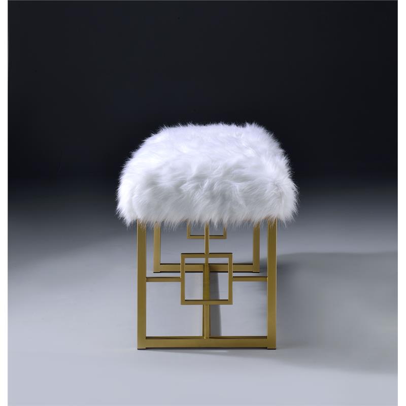Bowery Hill Faux Fur Bench with Metal Sled Base in White and Gold