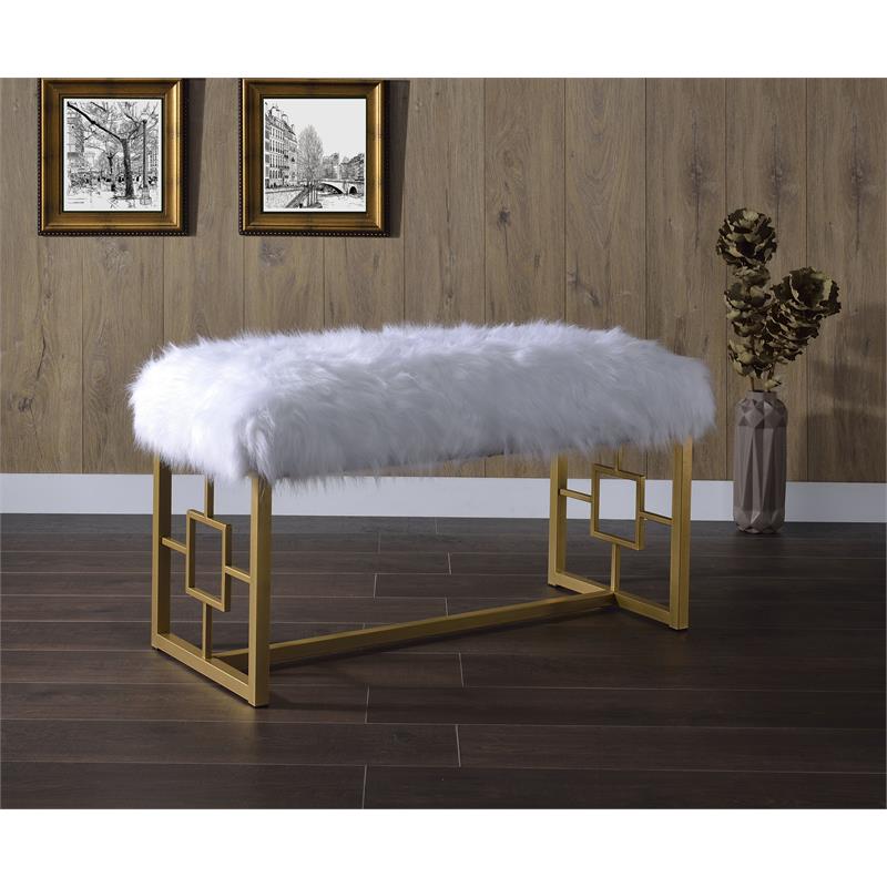 Bowery Hill Faux Fur Bench with Metal Sled Base in White and Gold