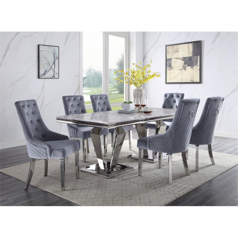 Bowery Hill Dining Table with Stainless Steel Base in Gray and Silver