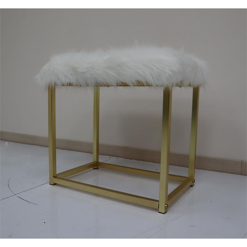 Bowery Hill Vanity Mirror & Stool Set with Faux Fur Seat in Pink & Gold