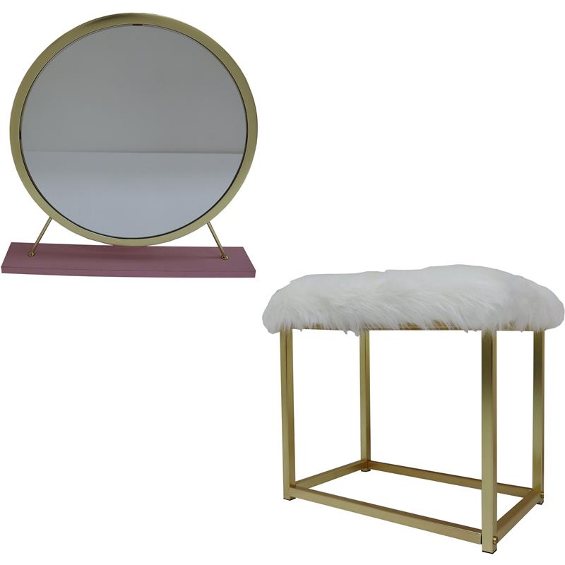 Bowery Hill Vanity Mirror & Stool Set with Faux Fur Seat in Pink & Gold