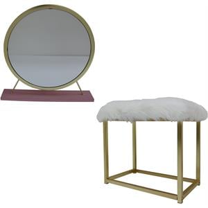 Bowery Hill Vanity Mirror & Stool Set with Faux Fur Seat in Pink & Gold