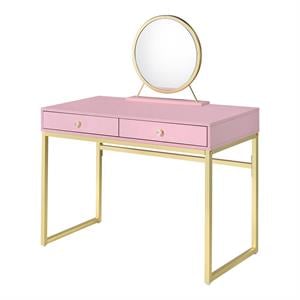 Bowery Hill 2 Drawer Wooden Vanity Desk with Round Mirror in Pink & Gold