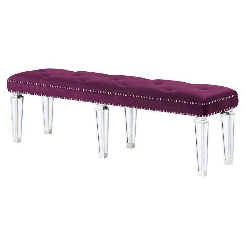Bowery Hill Tufted Velvet Bench in Burgundy with Mirrored Legs