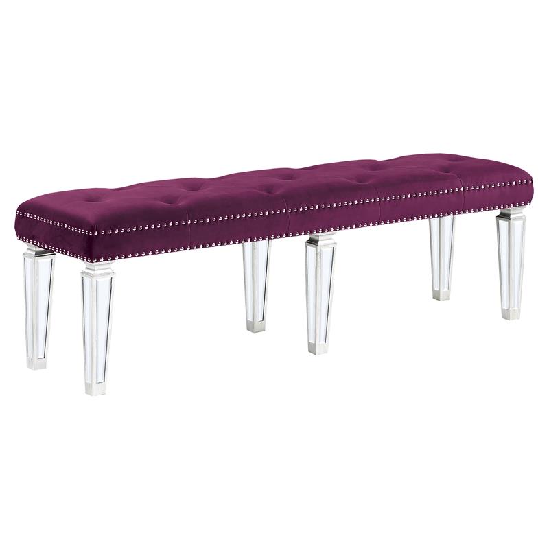 Bowery Hill Tufted Velvet Bench in Burgundy with Mirrored Legs