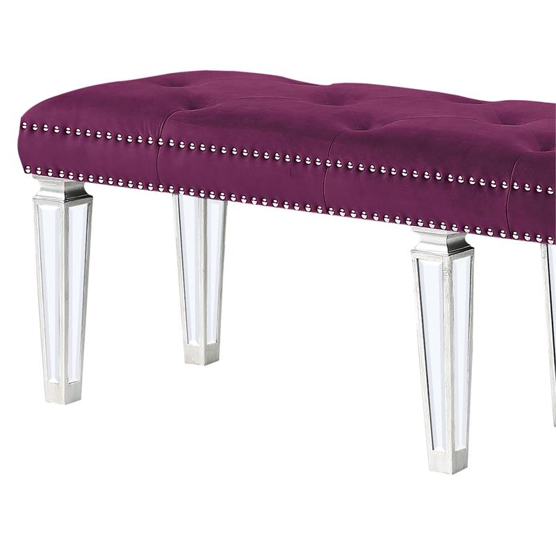 Bowery Hill Tufted Velvet Bench in Burgundy with Mirrored Legs