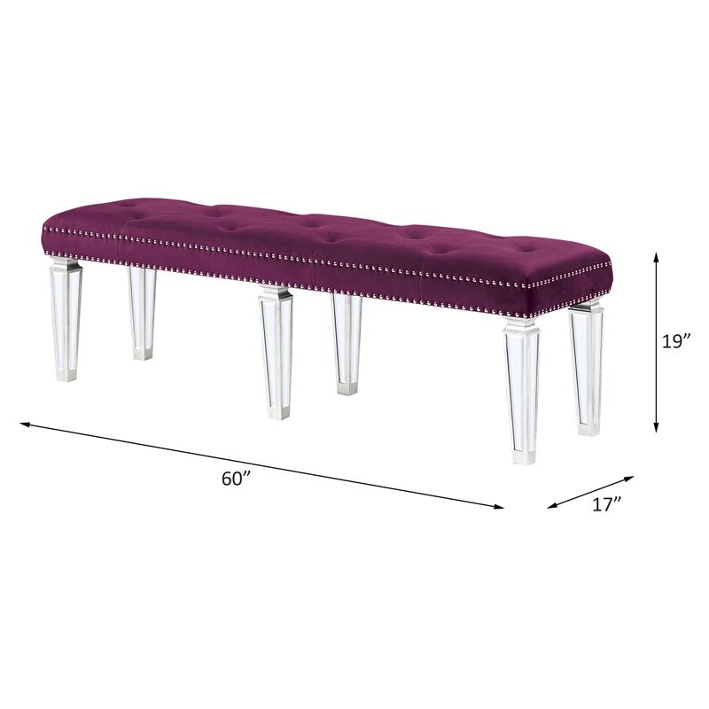 Bowery Hill Tufted Velvet Bench in Burgundy with Mirrored Legs