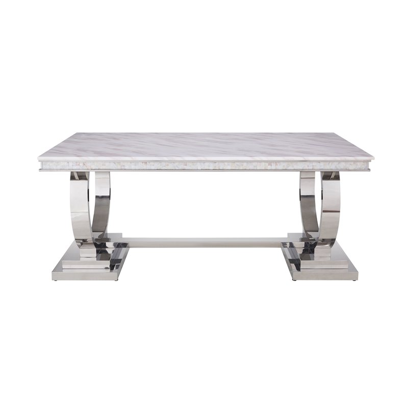 Bowery Hill Zander Dining Table in Faux Marble and Mirrored Silver