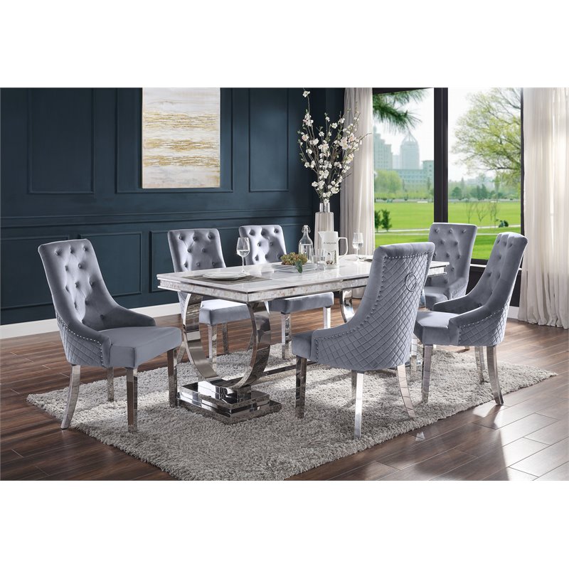 Bowery Hill Zander Dining Table in Faux Marble and Mirrored Silver