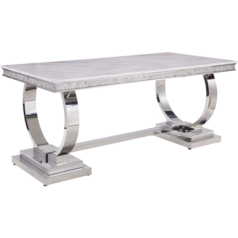 Bowery Hill Zander Dining Table in Faux Marble and Mirrored Silver