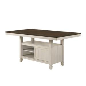 Bowery Hill Wooden Counter Height Table with Storage in Oak and Antique White