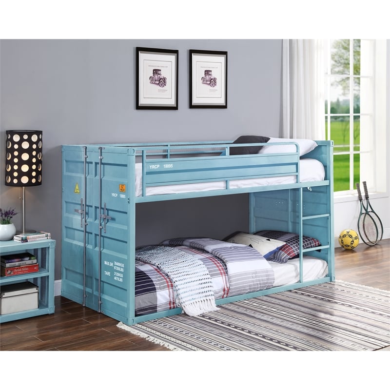 Bowery Hill Twin over Twin Metal Bunk Bed in Aqua with Container Style