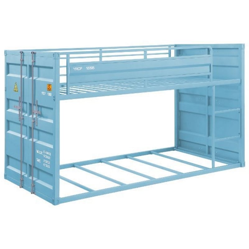 Bowery Hill Twin over Twin Metal Bunk Bed in Aqua with Container Style