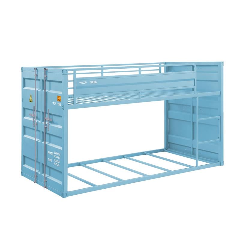 Bowery Hill Twin over Twin Metal Bunk Bed in Aqua with Container Style