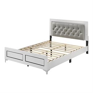 Bowery Hill Faux Leather Tufted King Bed with LED in Gray and White
