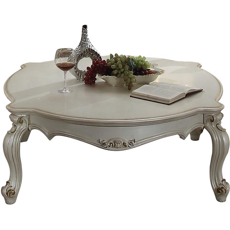 Bowery Hill Wooden Coffee Table with Poly Resin Finish in Antique Pearl