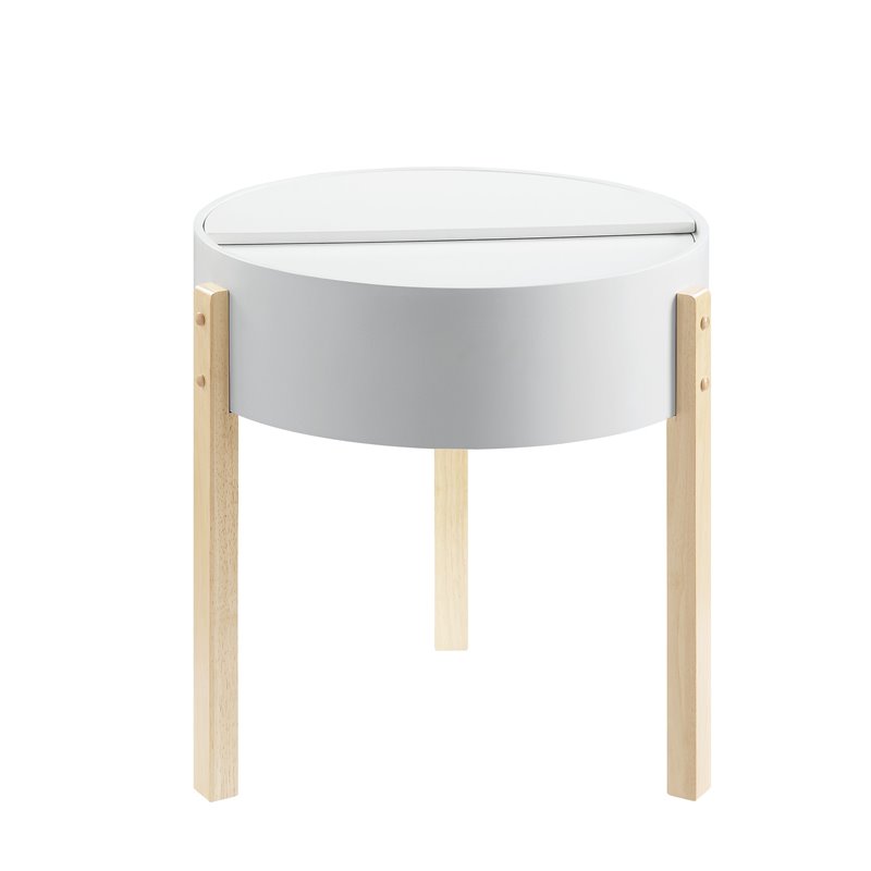 Bowery Hill Round Wooden End Table with Hidden Storage in White & Natural