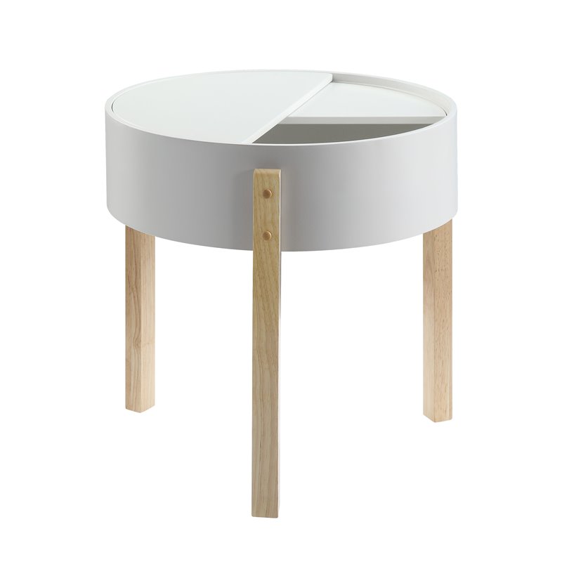 Bowery Hill Round Wooden End Table with Hidden Storage in White & Natural
