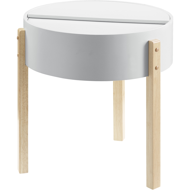 Bowery Hill Round Wooden End Table with Hidden Storage in White & Natural