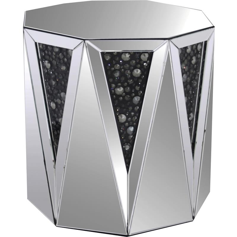 Bowery Hill Mirrored Drum End Table with Faux Gemstone Inlays
