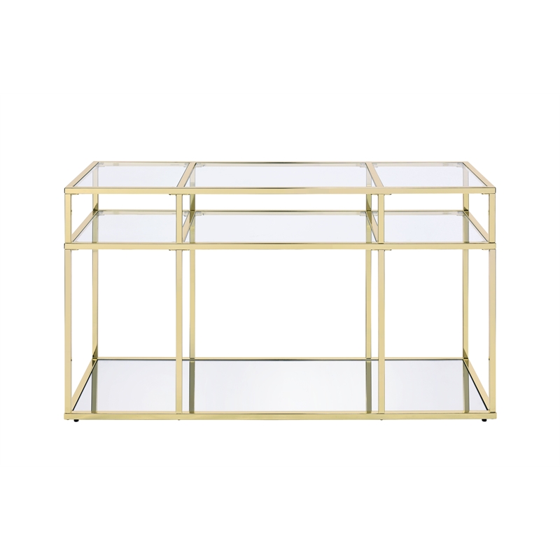 Bowery Hill Glass Sofa Table with Metal Frame in Clear and Gold Finish
