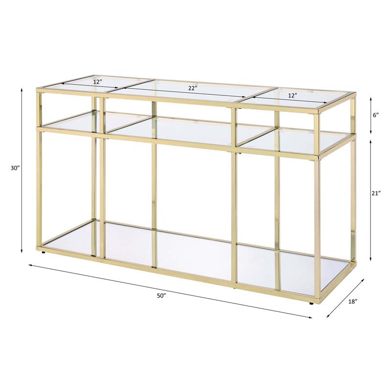 Bowery Hill Glass Sofa Table with Metal Frame in Clear and Gold Finish