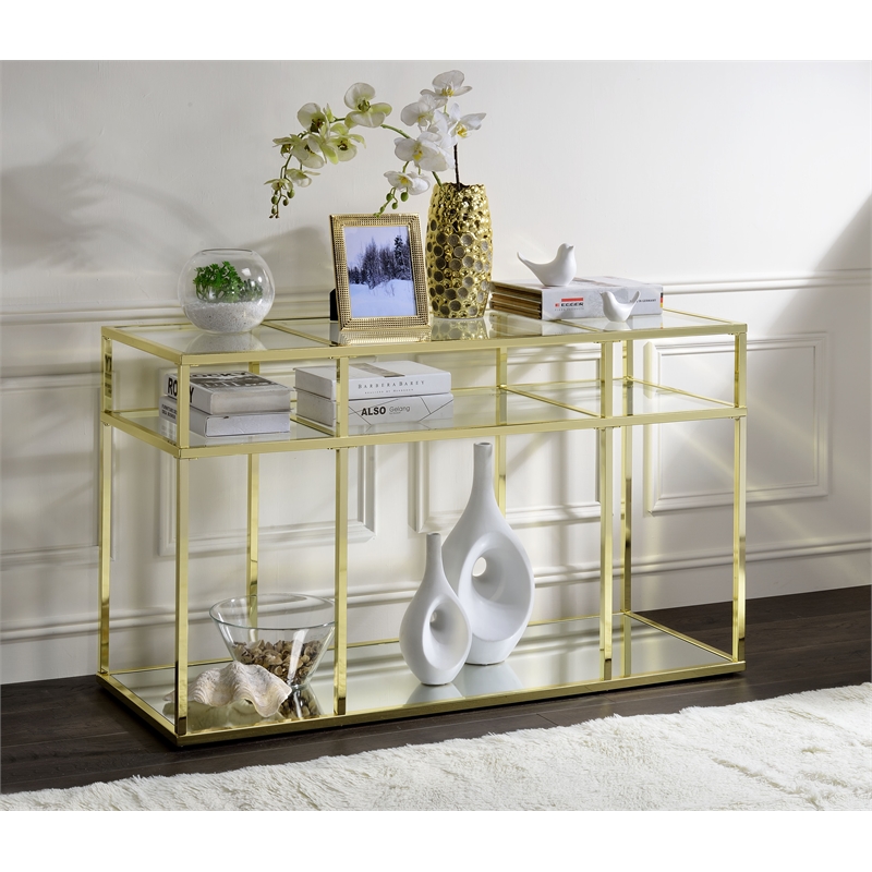Bowery Hill Glass Sofa Table with Metal Frame in Clear and Gold Finish