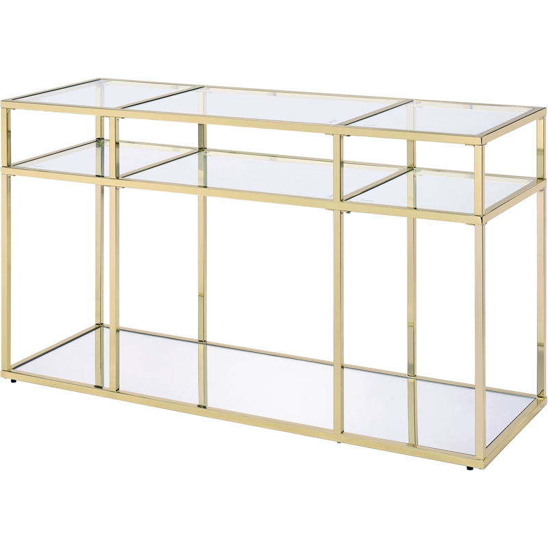 Bowery Hill Glass Sofa Table with Metal Frame in Clear and Gold Finish