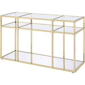Bowery Hill Glass Sofa Table with Metal Frame in Clear and Gold Finish
