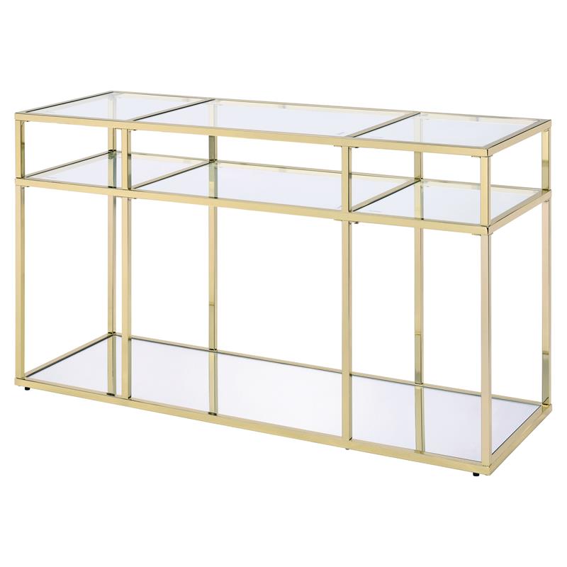 Bowery Hill Glass Sofa Table with Metal Frame in Clear and Gold Finish