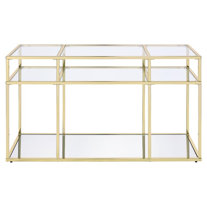Bowery Hill Glass Sofa Table with Metal Frame in Clear and Gold Finish