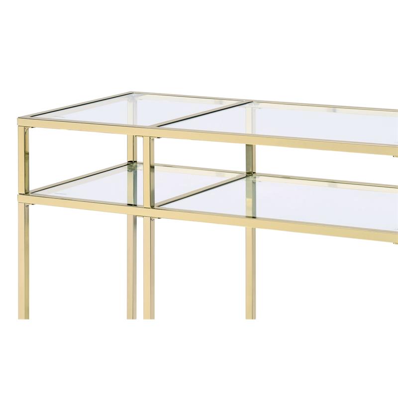 Bowery Hill Glass Sofa Table with Metal Frame in Clear and Gold Finish