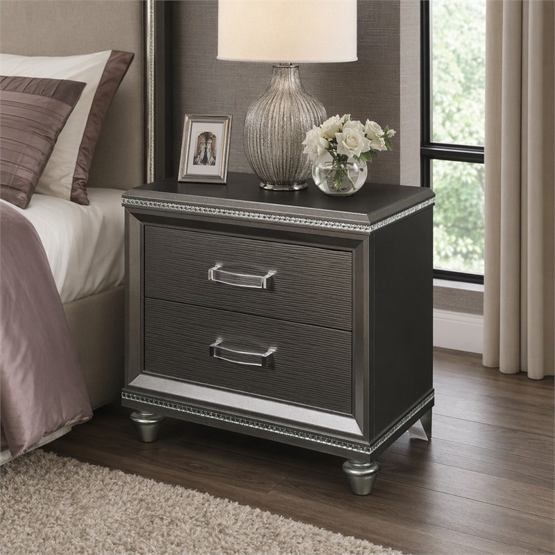 Bowery Hill 2-Drawer Wood Nightstand in Dark Champagne with Embossed Fronts