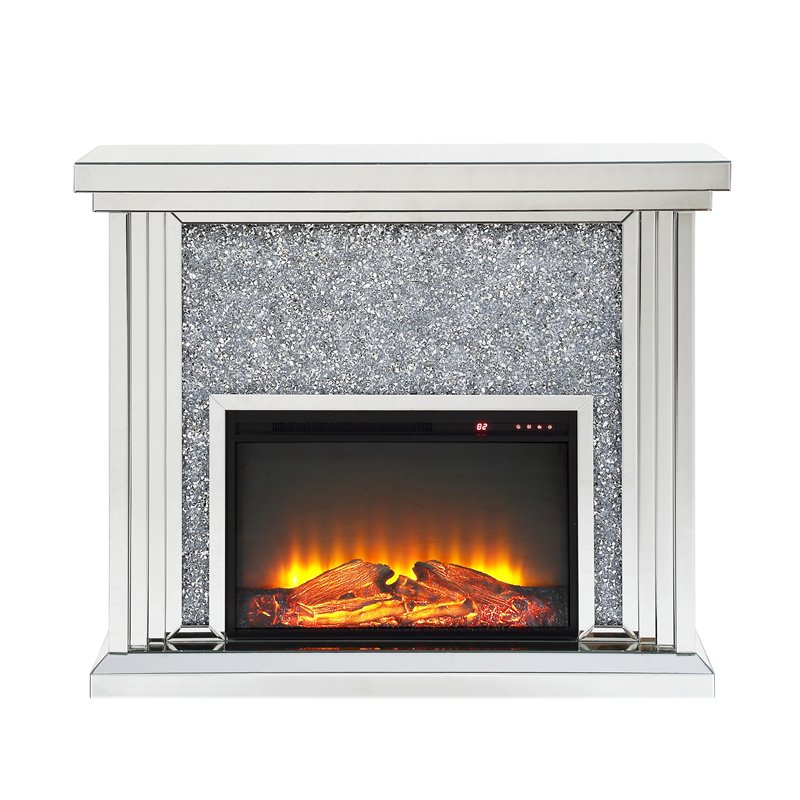 Bowery Hill Fireplace with Mirrored Frame and Faux Diamond Insets